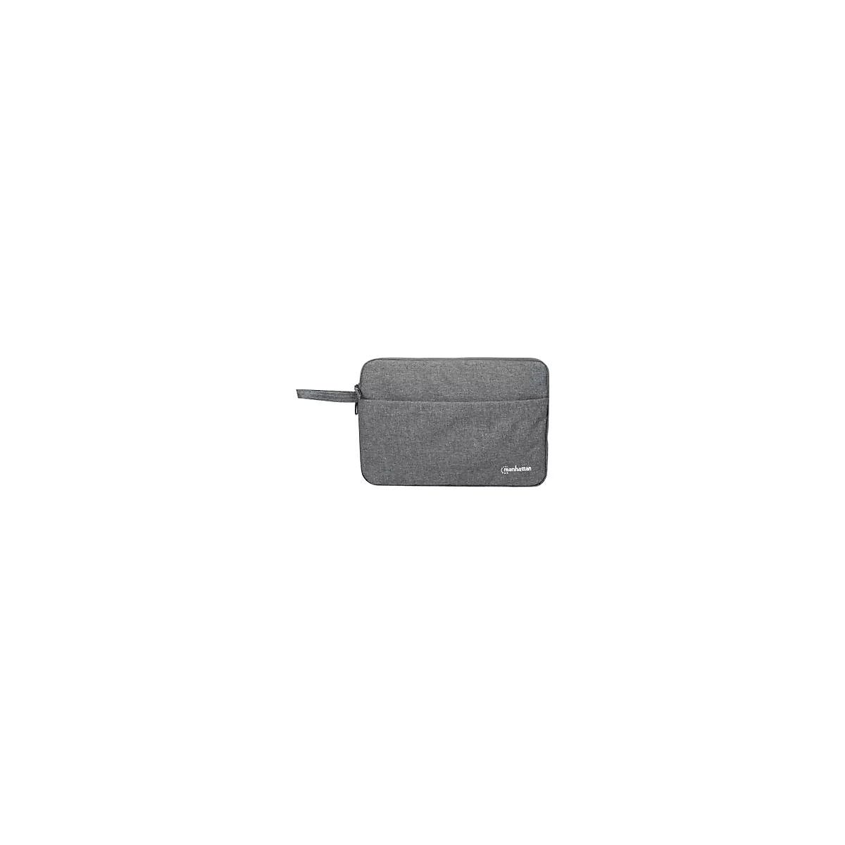 Graue Laptoptasche mit Reißverschluss und Manhattan-Logo auf einem neutralen weißen Hintergrund.