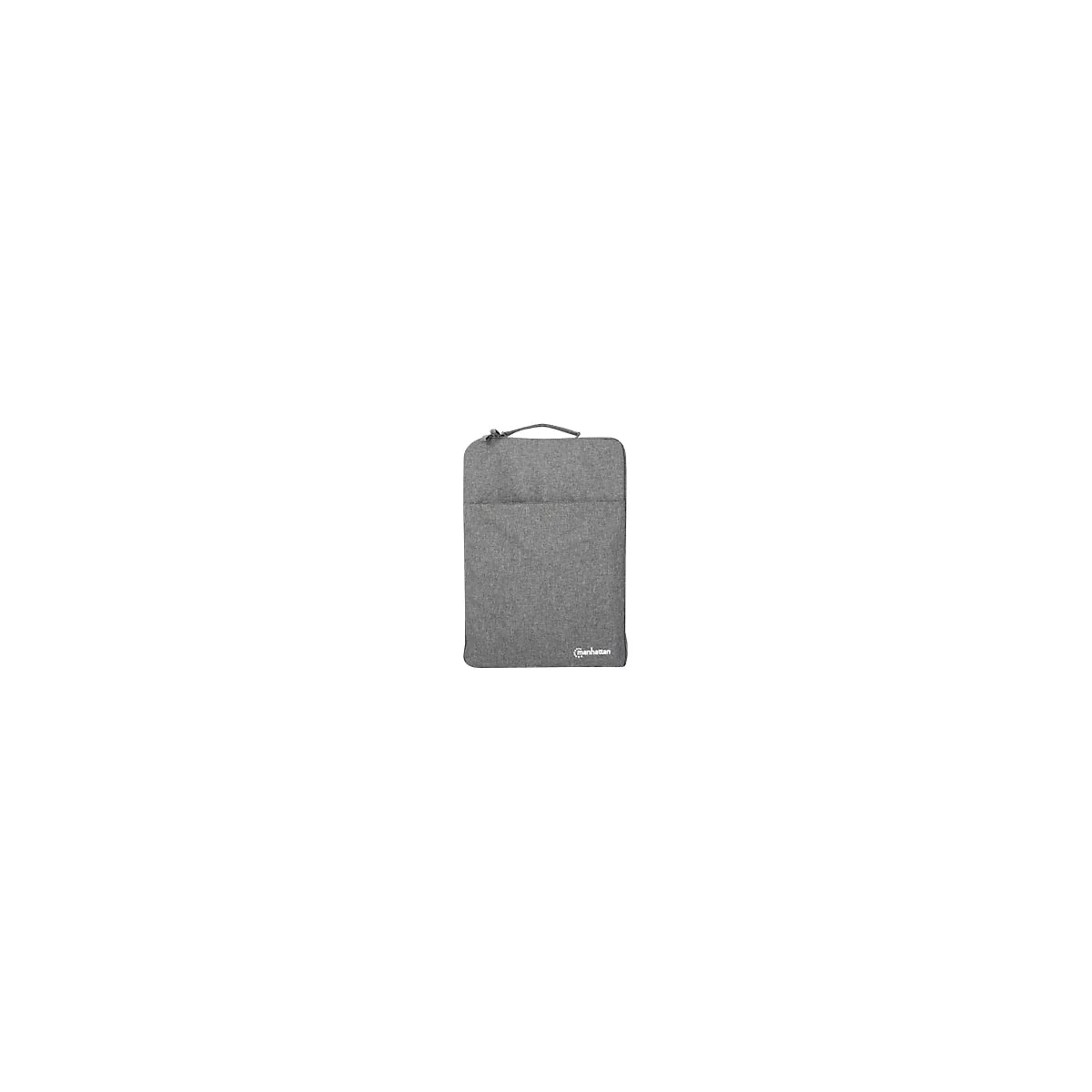 Graue Laptoptasche mit Tragegriff und Manhattan Logo vor weißem Hintergrund.
