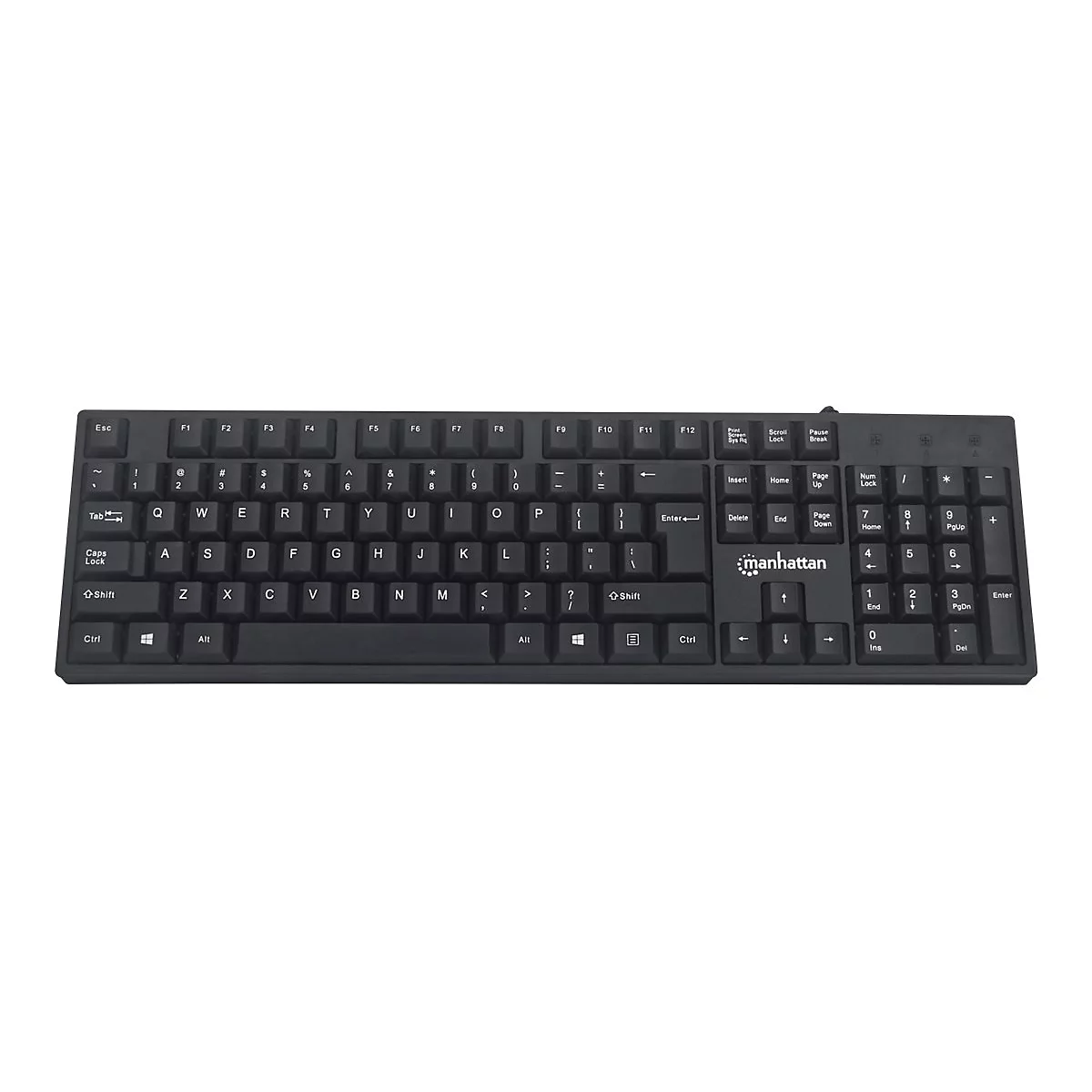 Schwarze Manhattan Tastatur mit Standard-QWERTY-Layout auf weißem Hintergrund.