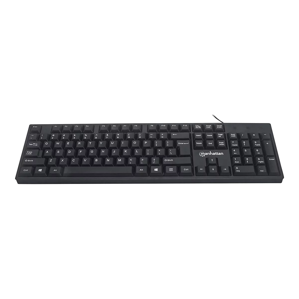 Schwarze Manhattan-Tastatur mit QWERTZ-Layout und Ziffernblock vor weißem Hintergrund.