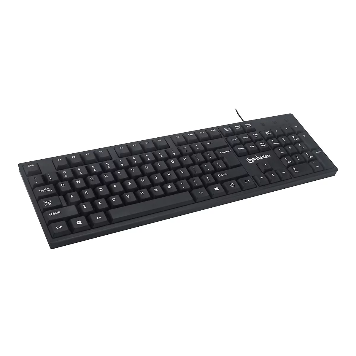 Schwarze Manhattan Tastatur mit QWERTZ-Layout auf weißem Hintergrund.