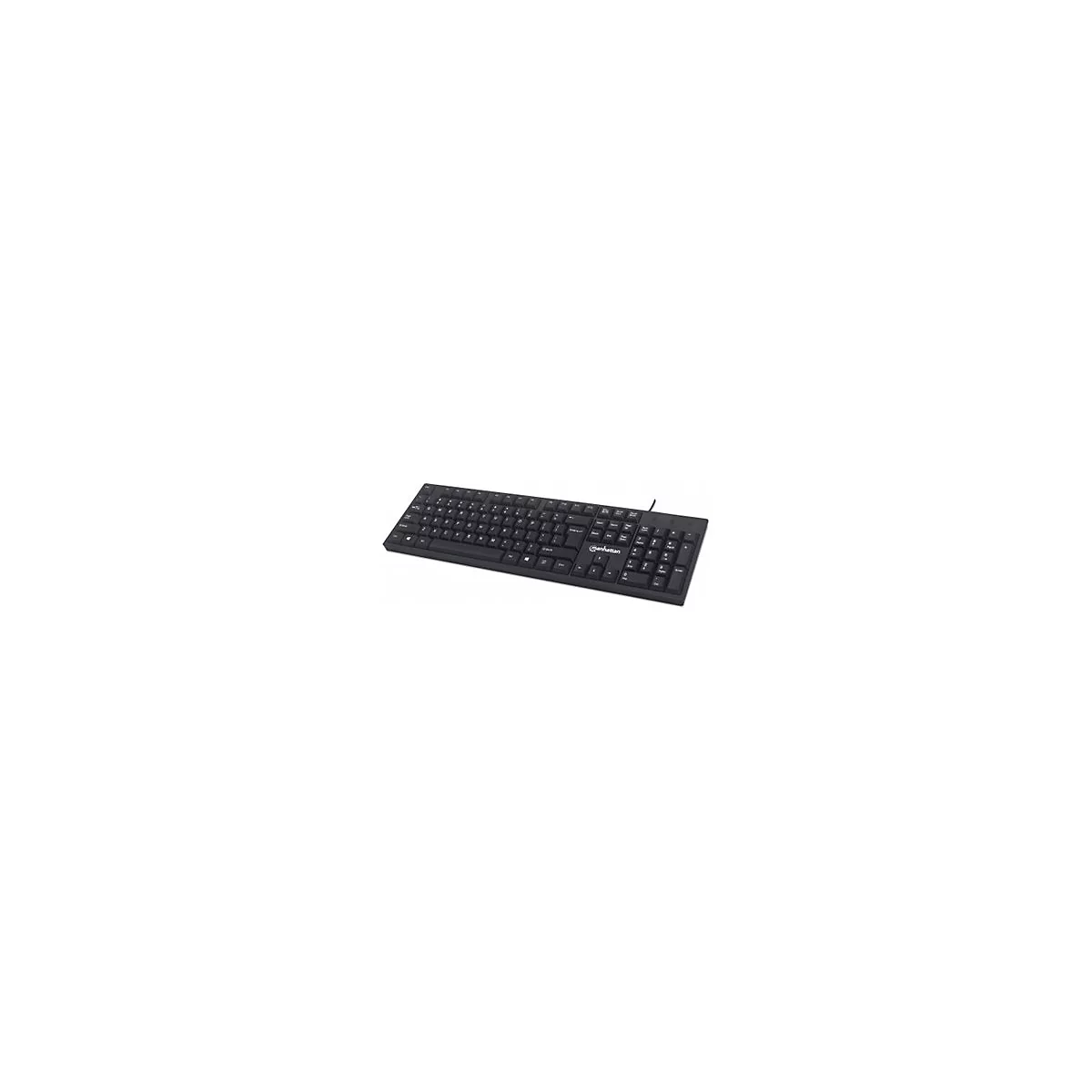 Schwarze Manhattan-Tastatur in Draufsicht vor weißem Hintergrund.