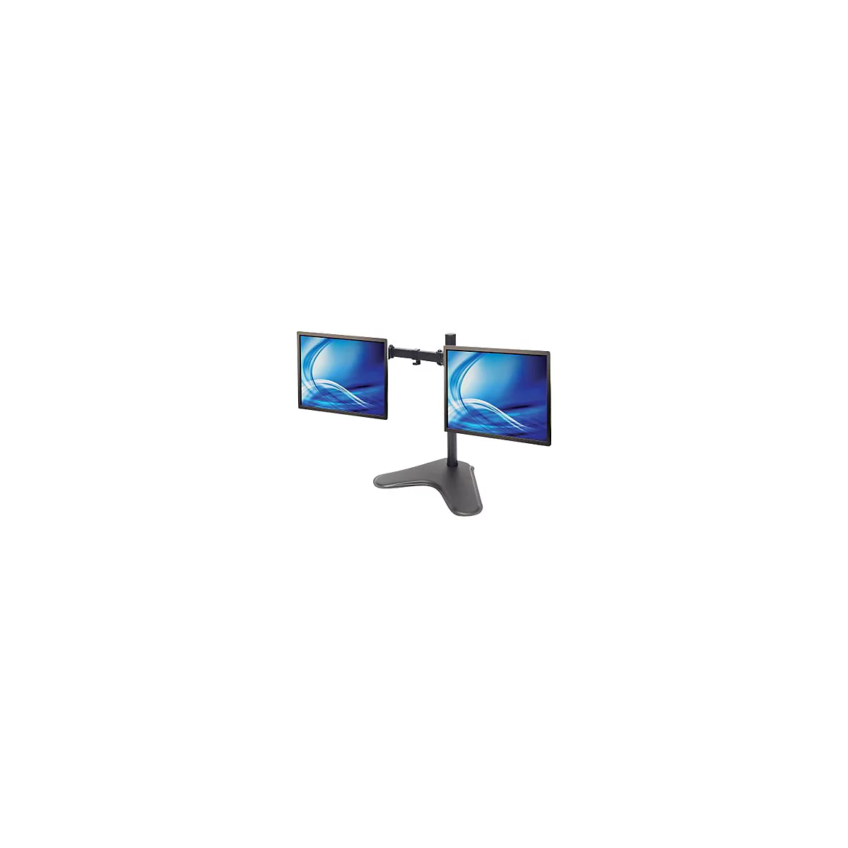 Doppel-Monitorhalterung mit Standfuß, zwei Bildschirme mit blauer Grafik vor neutralem Hintergrund.