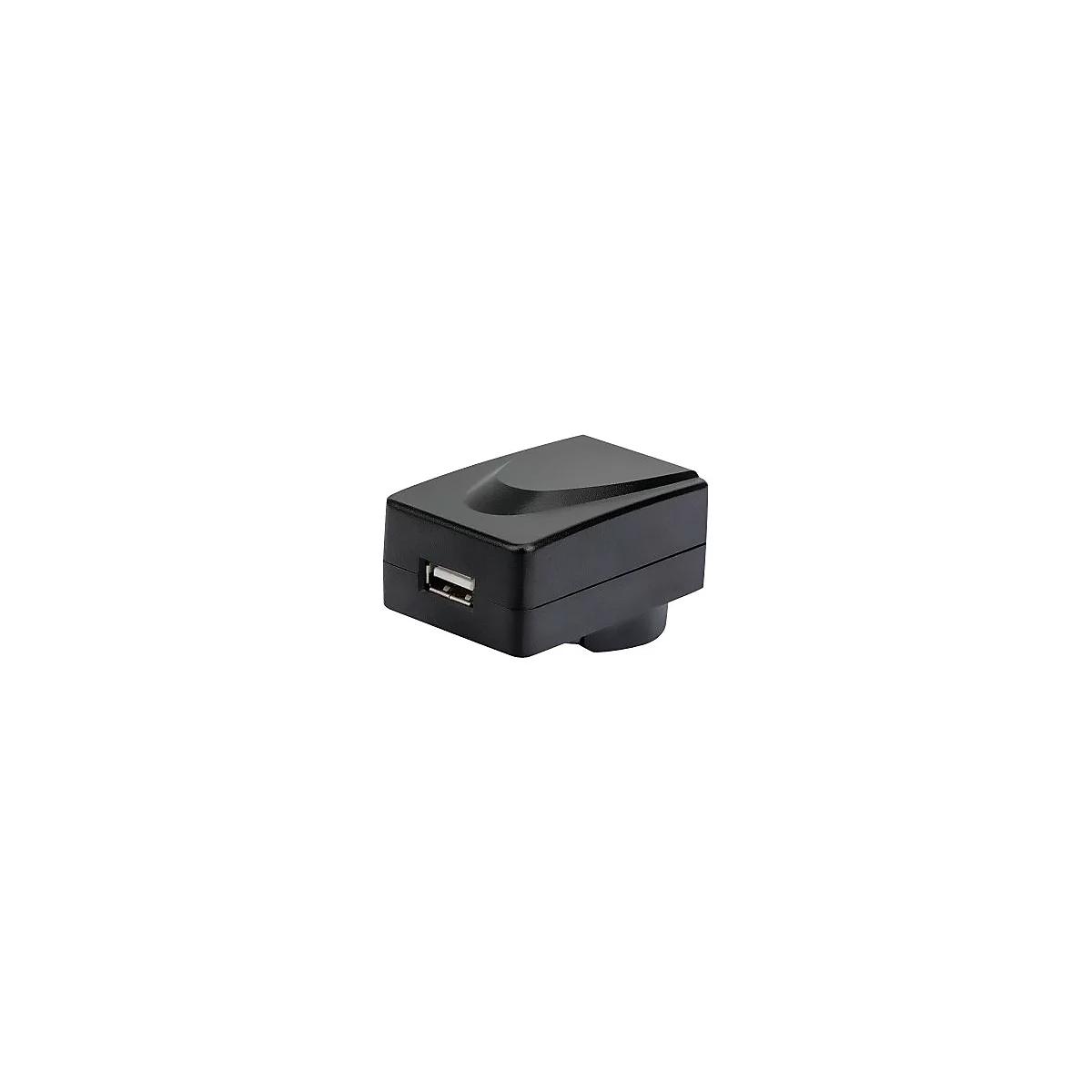 Schwarzer USB-Netzsteckeradapter mit glatter Oberfläche auf weißem Hintergrund.