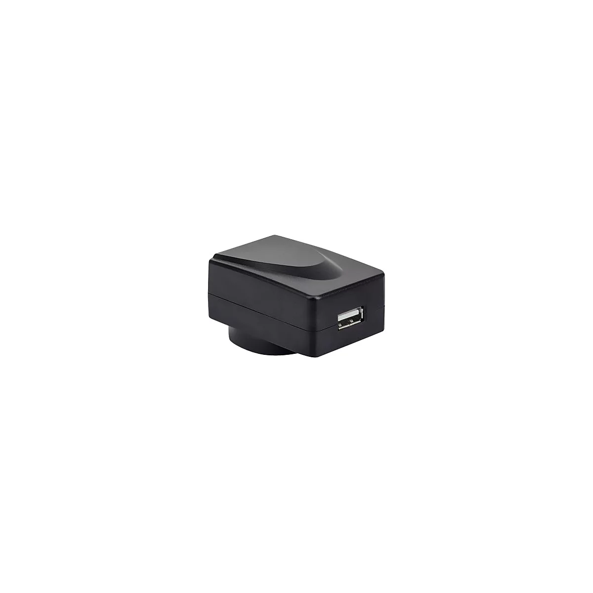 Schwarzer USB-Steckdosenadapter vor weißem Hintergrund.