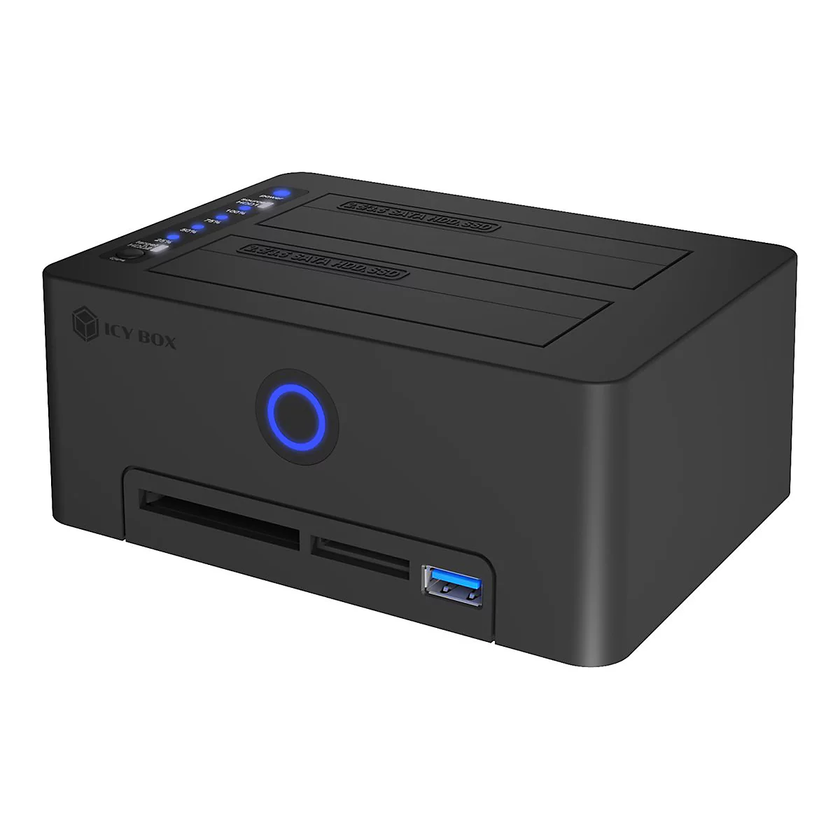 Schwarze ICY BOX Festplatten-Dockingstation mit LED-Anzeigen und USB-Anschluss.