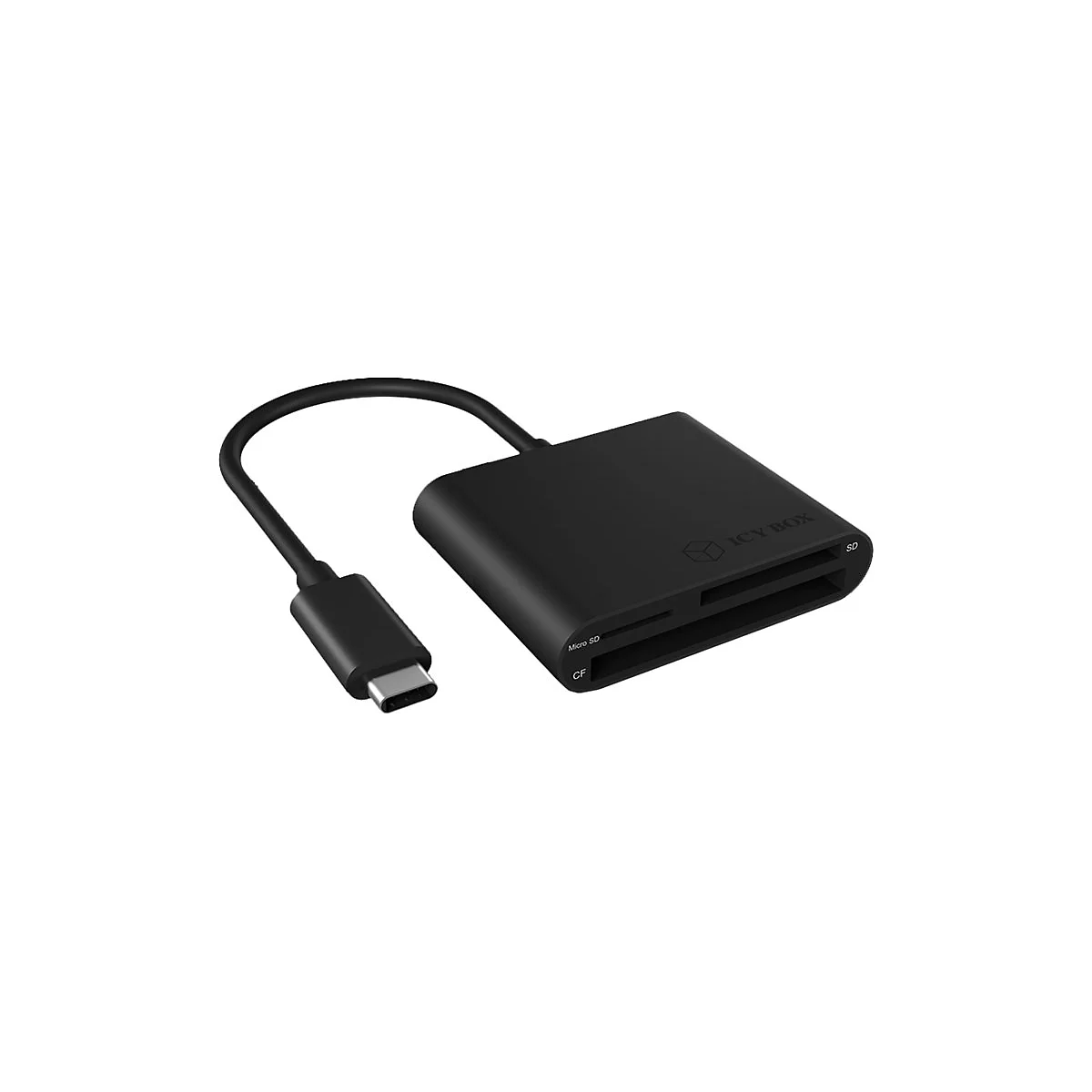 Schwarzer Kartenleser mit USB-C-Anschluss, SD-, Micro-SD- und CF-Karten-Slots, Marke: ICY BOX.