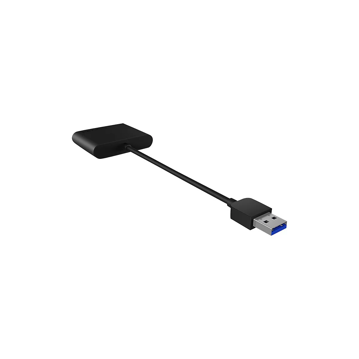 Schwarzer USB-Adapter mit rechteckigem Anschluss. Rechteckiger Block, Kabel, und USB-Stecker mit blauem Kern.