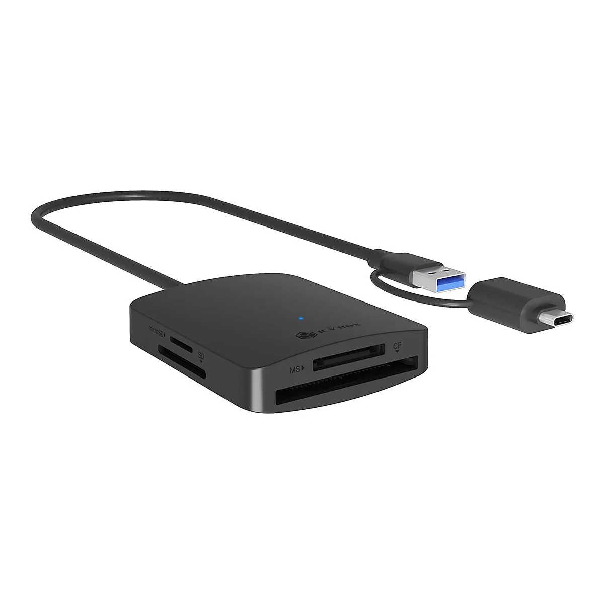Schwarzer Kartenleser mit USB- und USB-C-Anschluss, SD-, microSD- und CF-Karten.