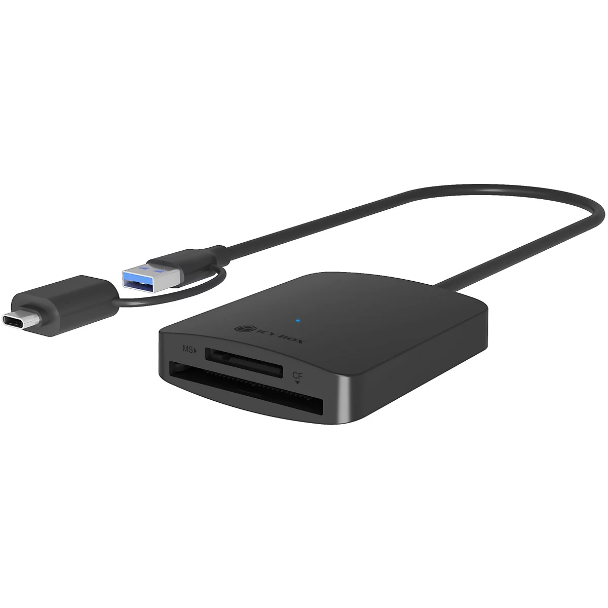Schwarzer Kartenleser mit USB- und USB-C-Anschluss, Marke "ICY BOX".
