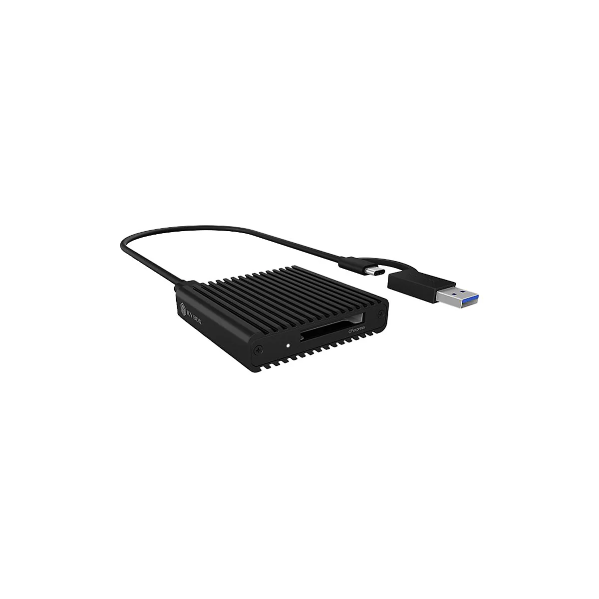 Lecteur de carte noir avec ailettes de refroidissement, câble USB et connecteur USB-C. Inscription : Kybox et CFexpress.