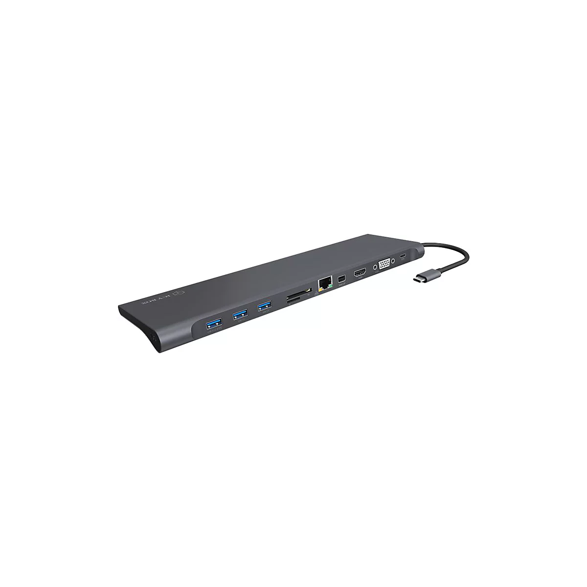 Graue USB-C Dockingstation mit verschiedenen AnschlÃ¼ssen und einem Kabel.