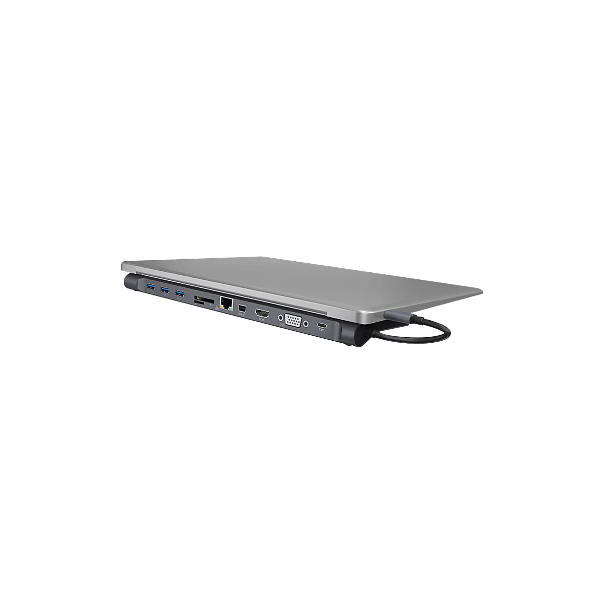Ein silbernes Laptop-Dock mit verschiedenen AnschlÃ¼ssen: USB, HDMI, Ethernet. Ein Kabel ist eingesteckt.
