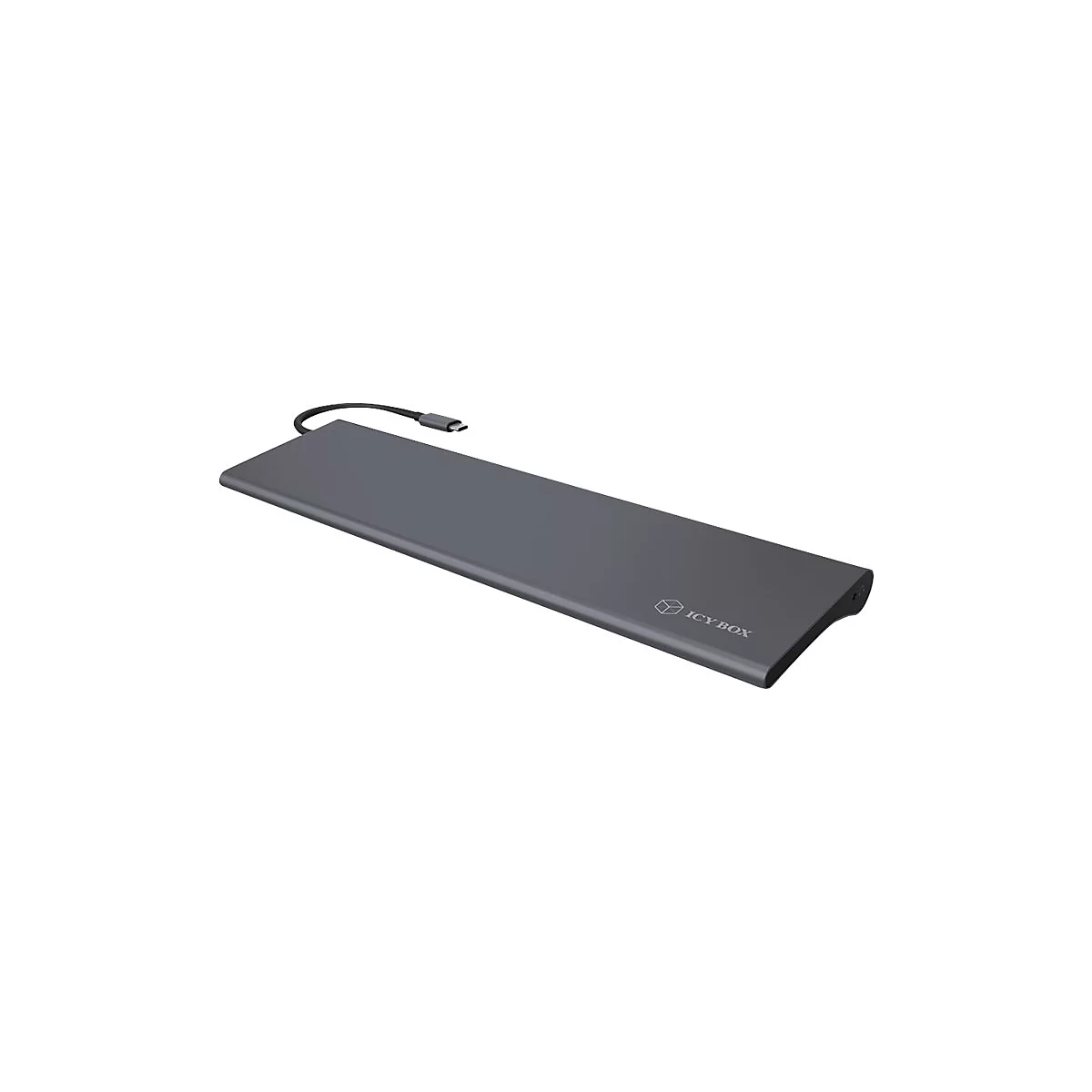 Grauer USB-C-Hub mit abgerundeter Ecke, schwarzem Kabel und Logo von Icy Box.