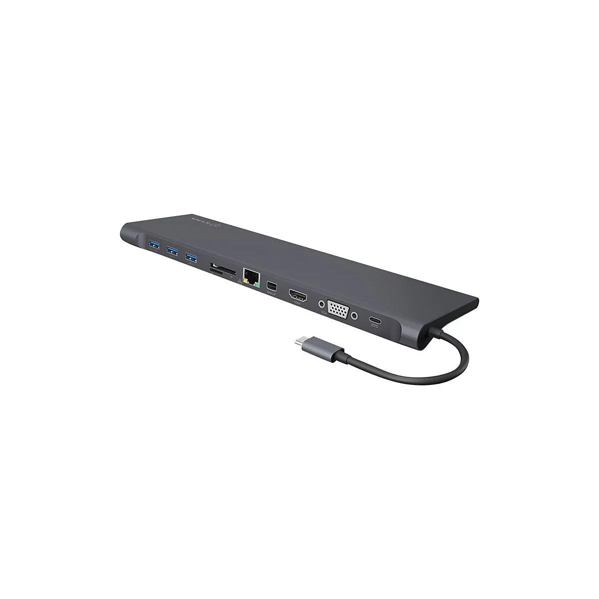 Graue Dockingstation mit AnschlÃ¼ssen. Sie hat ein angeschlossenes USB-C-Kabel.