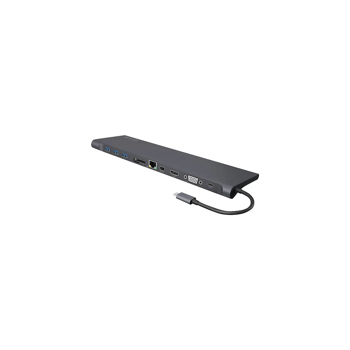 Grauer USB-C-Hub mit verschiedenen AnschlÃ¼ssen: USB, HDMI, Ethernet. KabelfÃ¼hrung.