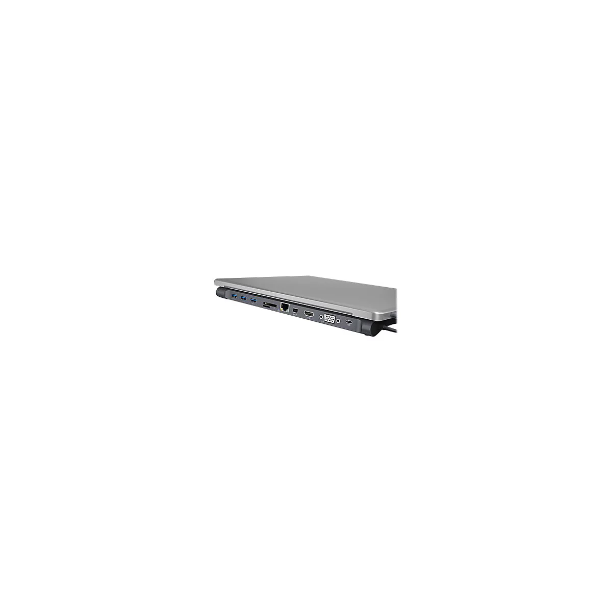 Graue Laptop-Dockingstation mit verschiedenen AnschlÃ¼ssen wie USB, HDMI, Ethernet und weiteren.