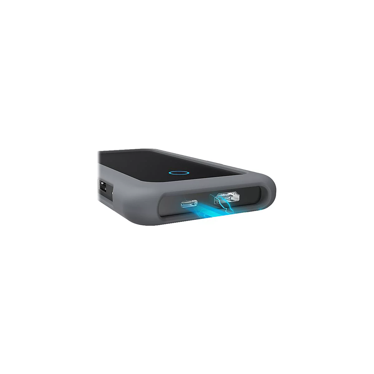 Graue Festplatte mit USB- und USB-C-Anschlüssen, Detailaufnahme. Blau leuchtende Akzente.