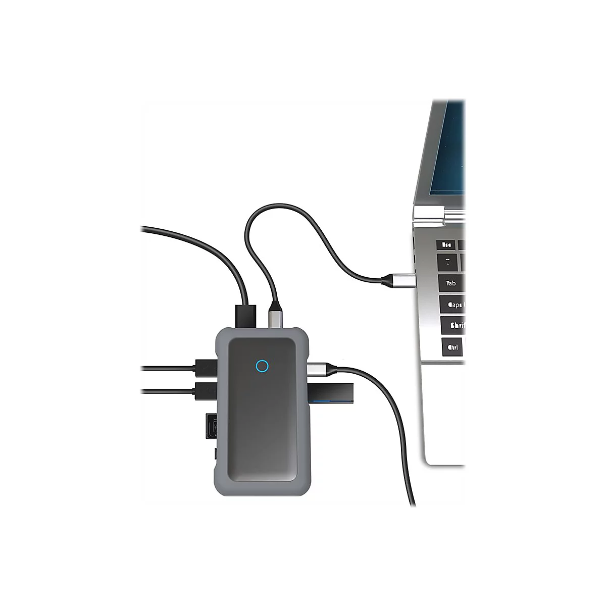 Grauer USB-C-Hub mit verschiedenen Anschlüssen, verbunden mit einem Laptop.