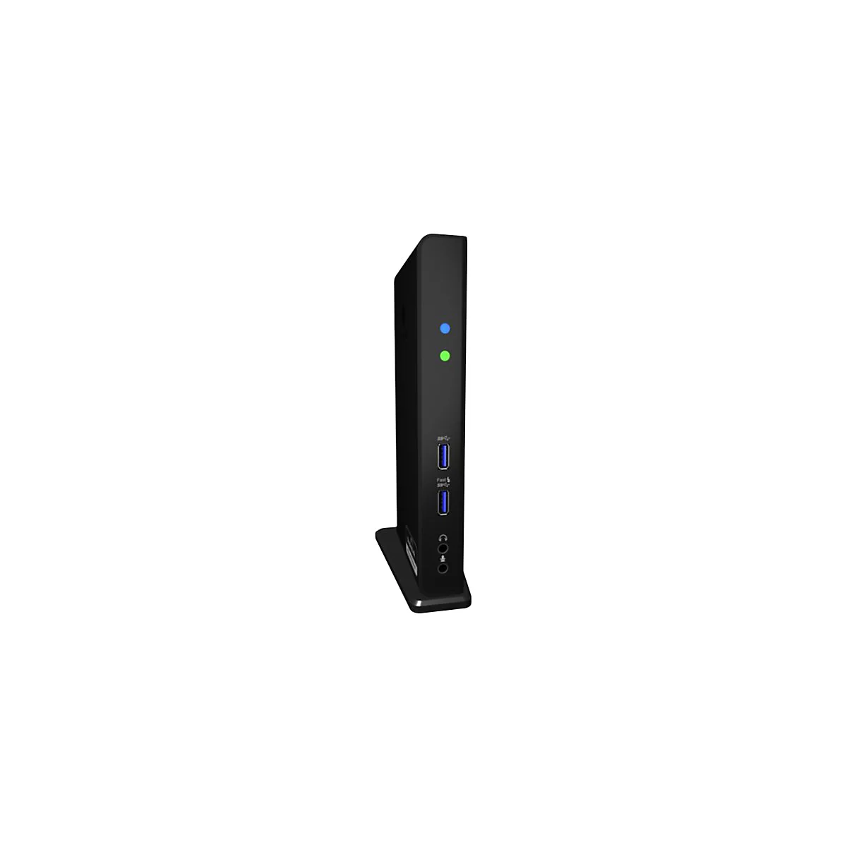 Schwarze Dockingstation mit blauen und grÃ¼nen LEDs. Unterhalb sind zwei USB-Ports und AudioanschlÃ¼sse.