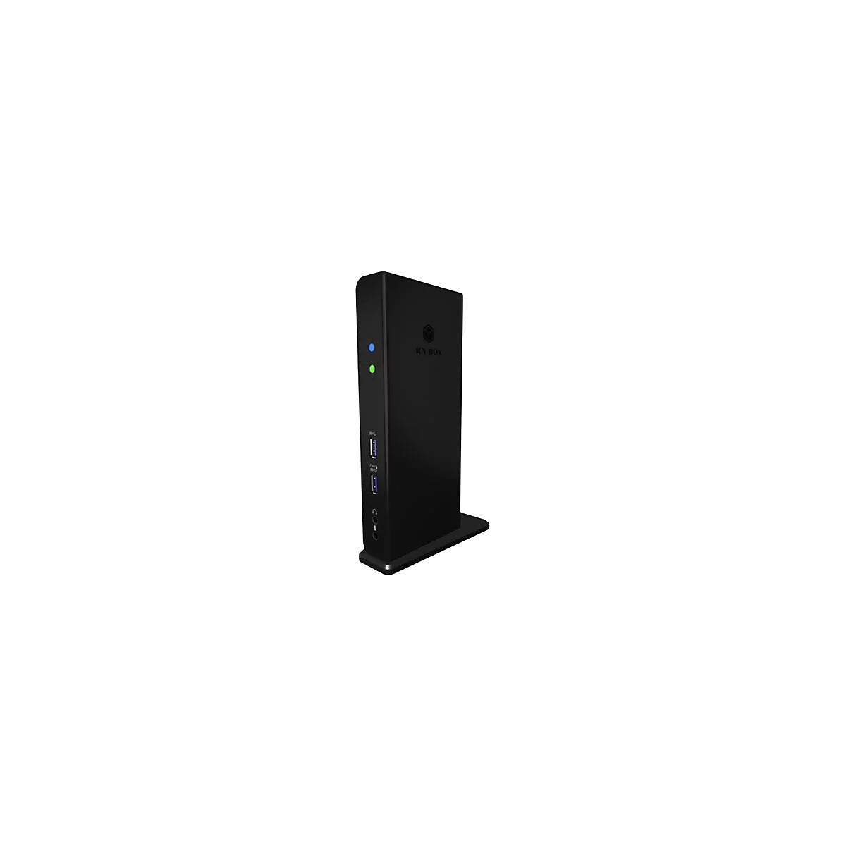 Schwarze Dockingstation mit blauer und grÃ¼ner Leuchte, USB-AnschlÃ¼ssen und Logo.