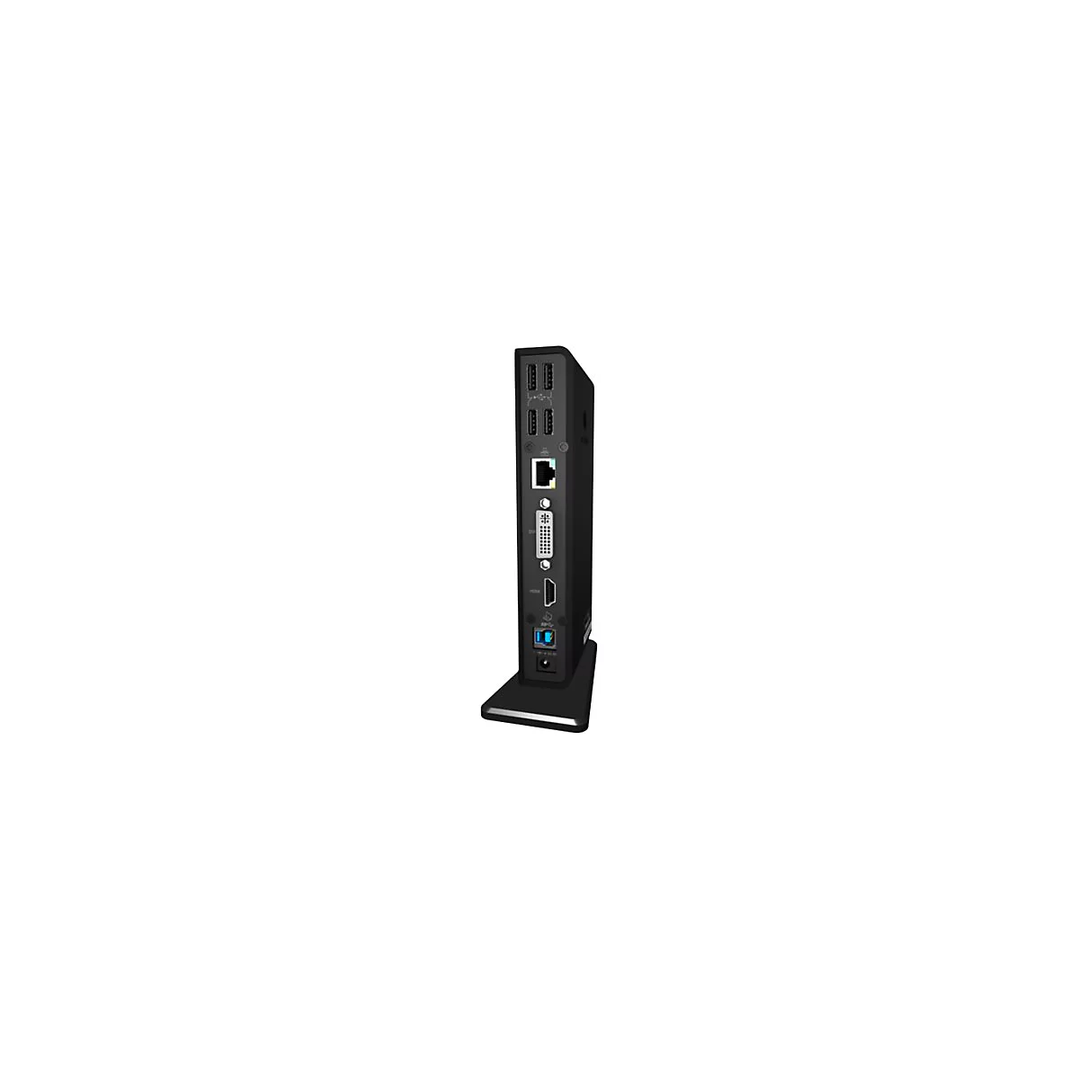 Schwarze Dockingstation mit verschiedenen AnschlÃ¼ssen, wie USB, HDMI, DVI, und Ethernet, auf weiÃŸem Hintergrund.