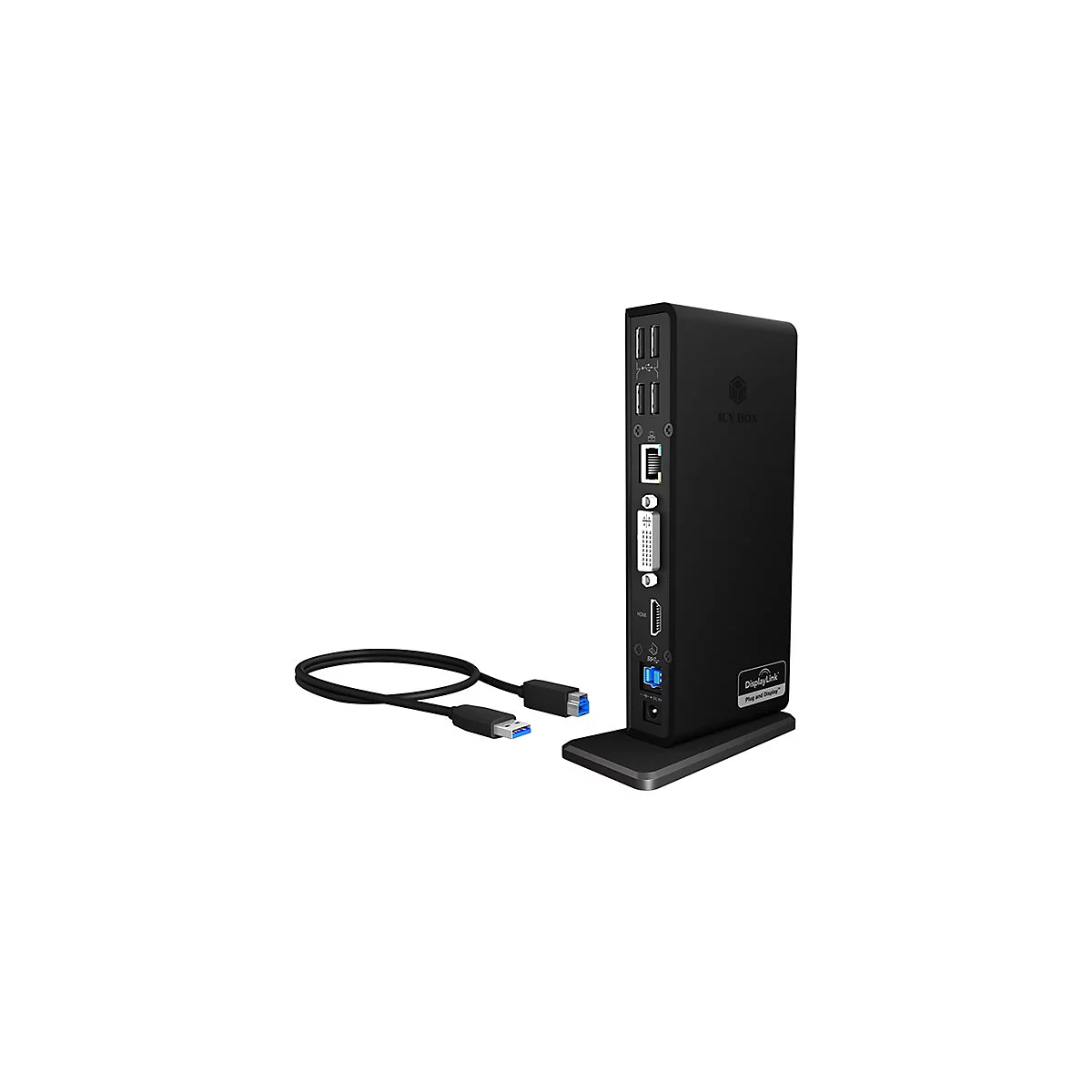 Schwarze Dockingstation mit USB-Kabel, aufrecht stehend auf einem Sockel. Verschiedene AnschlÃ¼sse sind sichtbar. DisplayLink-Logo.