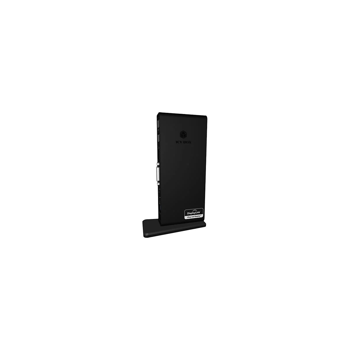 Un appareil rectangulaire noir posÃ© sur une petite base. Il y a un logo et l'inscription ICY BOX sur le devant. Un autocollant DisplayLink est visible en bas.