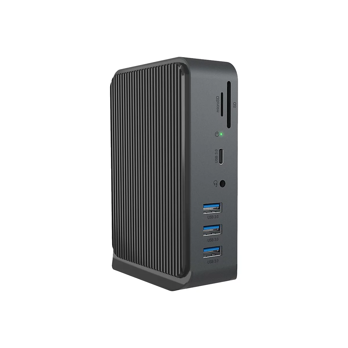 Grauer Dockingstation-WÃ¼rfel. Vertikale Rillen auf einer Seite, AnschlÃ¼sse und USB-Ports.