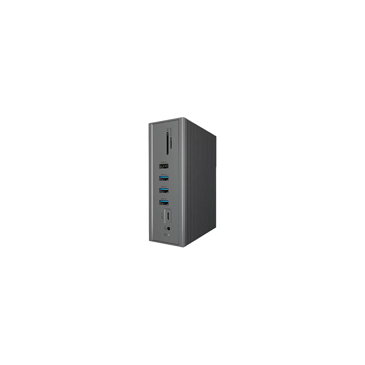 Graue Dockingstation mit vielen AnschlÃ¼ssen. Oben: Kartenleser. Unten: Audio und weitere USB-Ports.