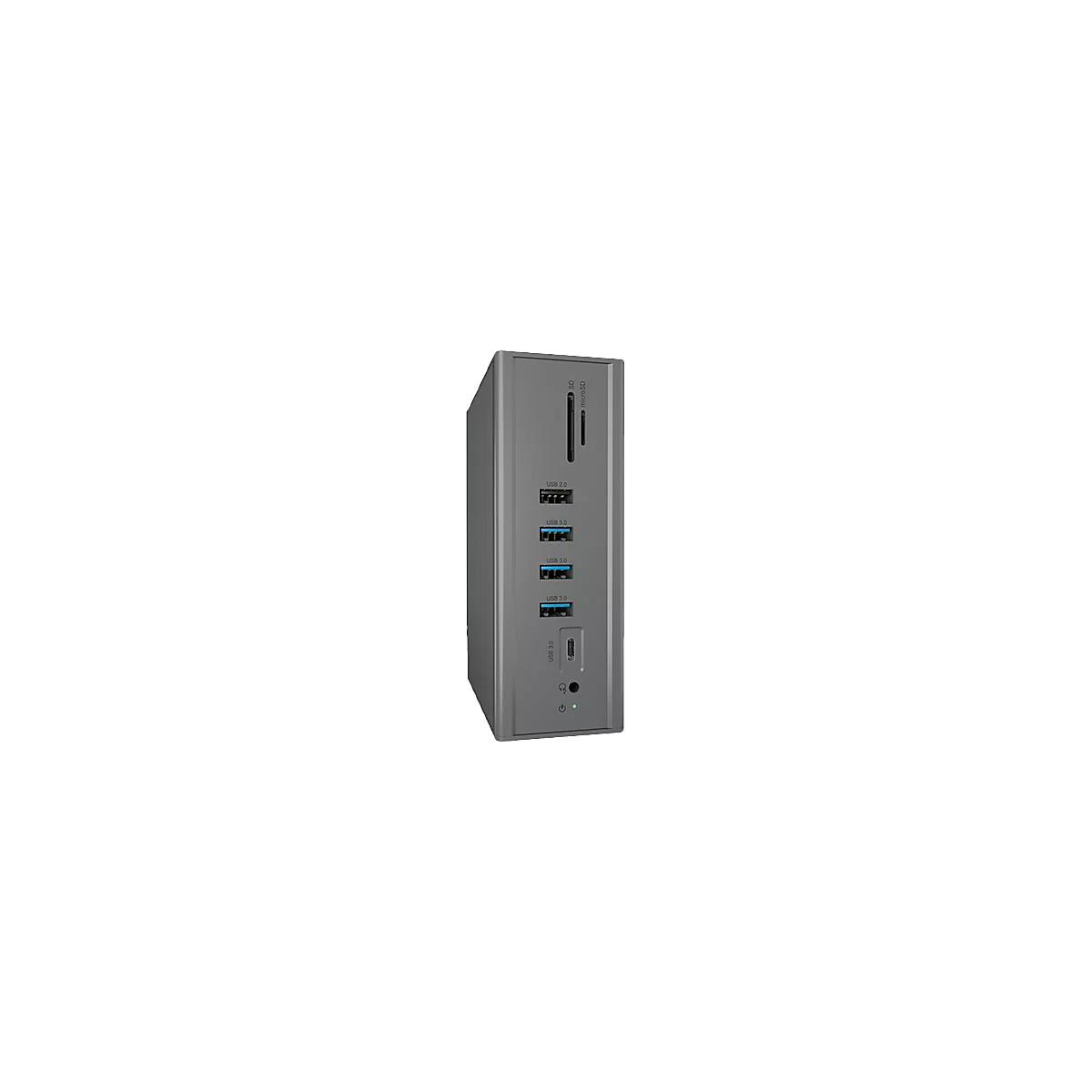 Graue Dockingstation mit mehreren USB-AnschlÃ¼ssen, SD-Kartenleser und Audioanschluss. Auf weiÃŸem Hintergrund isoliert.