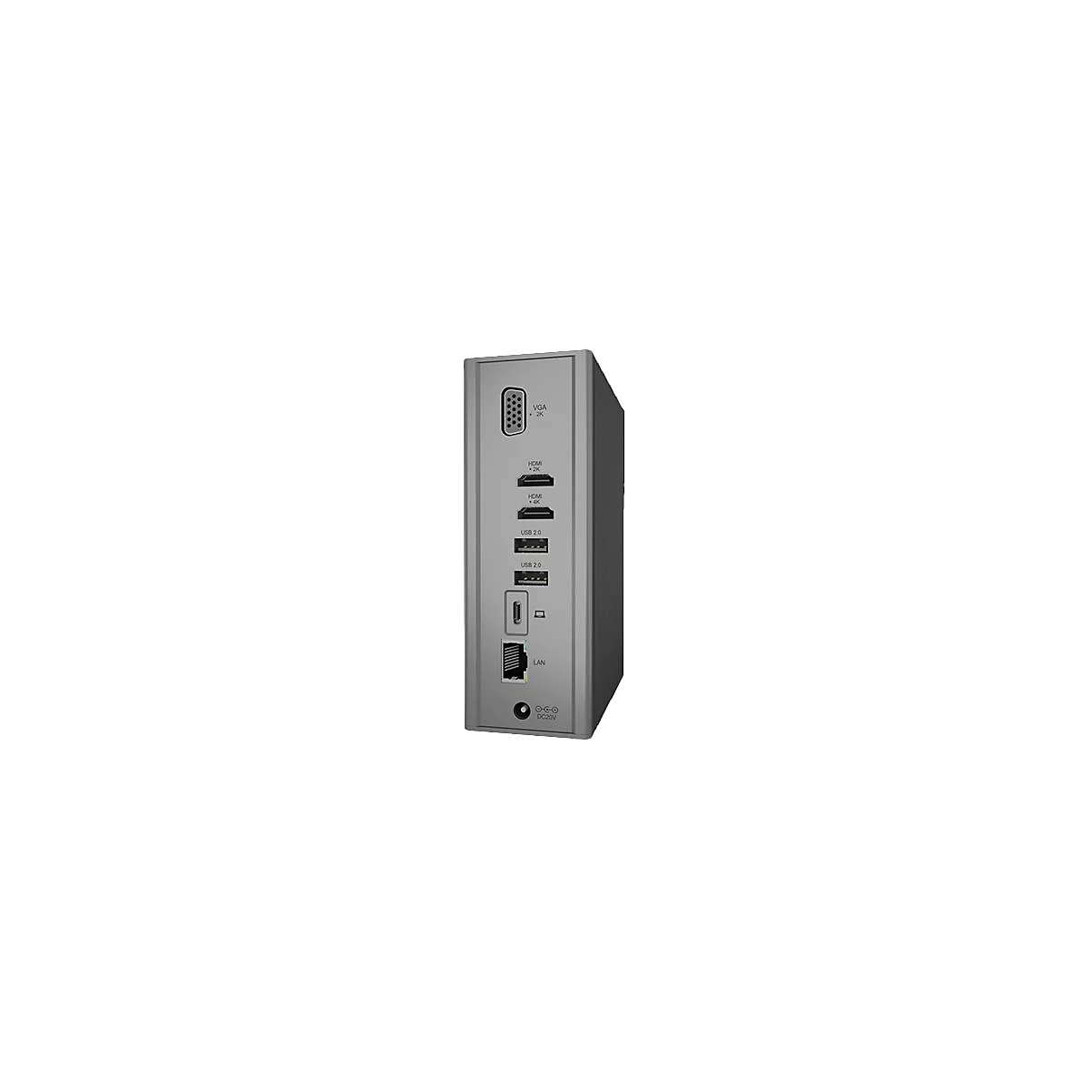 Grauer Adapter mit verschiedenen AnschlÃ¼ssen: VGA, HDMI, USB, LAN und Stromanschluss.