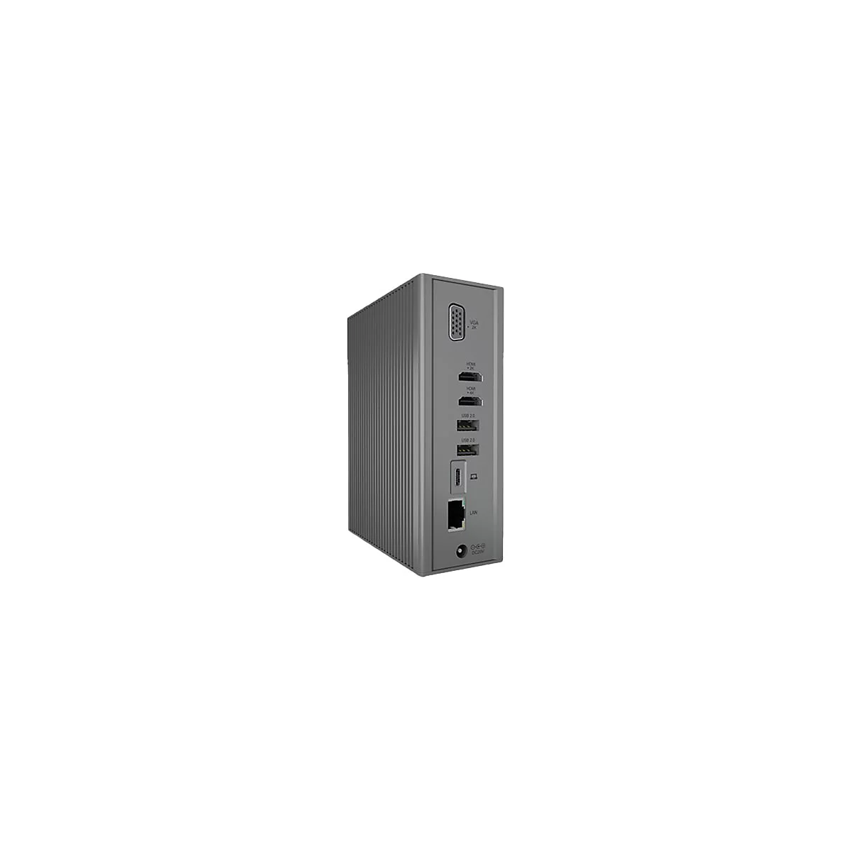 Grauer Dockingstation-Adapter. Auf der RÃ¼ckseite befinden sich AnschlÃ¼sse wie HDMI, USB und LAN.