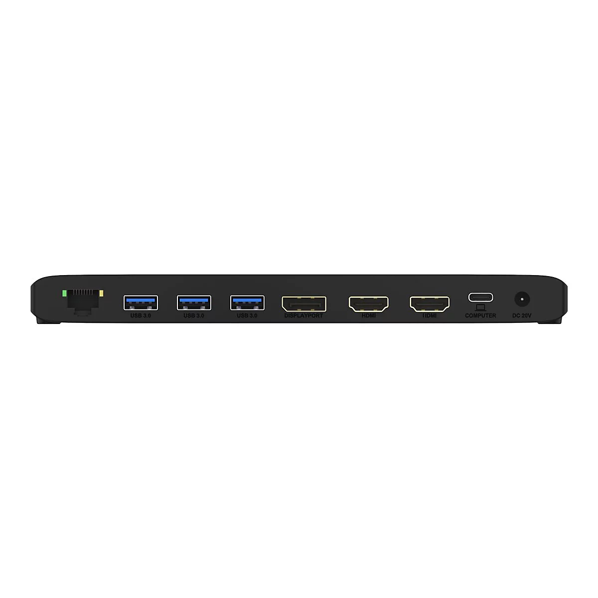 Schwarzer, rechteckiger Hub mit verschiedenen AnschlÃ¼ssen, darunter USB, HDMI und Stromversorgung.
