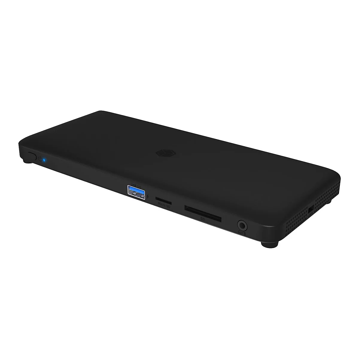 Schwarze Dockingstation, flach und rechteckig. Mit USB-AnschlÃ¼ssen, SD-Kartenleser und Audioanschluss. Ein kleines Logo auf der Oberseite.