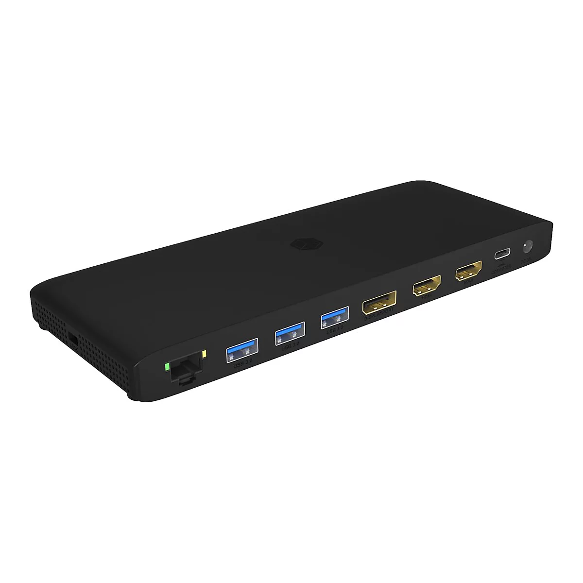 Schwarze Dockingstation mit verschiedenen AnschlÃ¼ssen wie USB, HDMI, und Ethernet.