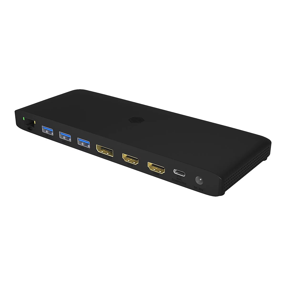 Schwarze Dockingstation mit verschiedenen AnschlÃ¼ssen, wie USB, HDMI und USB-C.