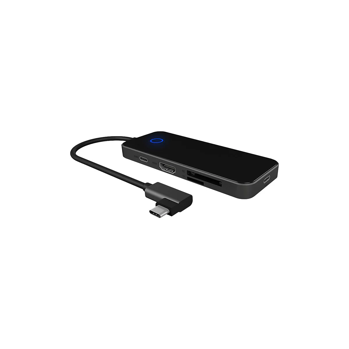 Schwarzer USB-C-Hub mit mehreren AnschlÃ¼ssen, darunter HDMI, SD-Kartenleser, und USB-C-Anschluss, mit blau leuchtendem Kreis.
