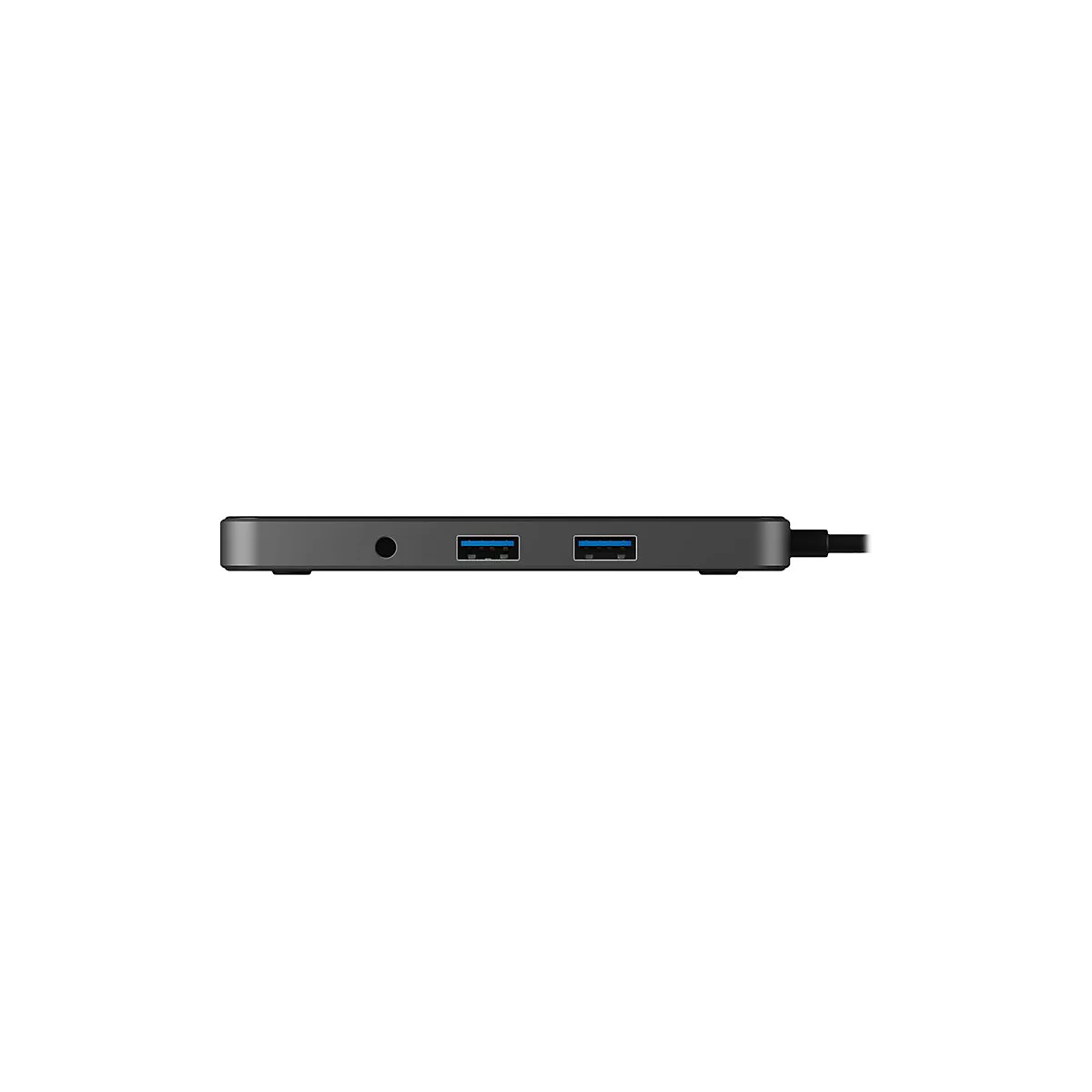 Graues USB-Hub mit AnschlÃ¼ssen, Klinkenstecker und Kabel, auf weiÃŸem Hintergrund.