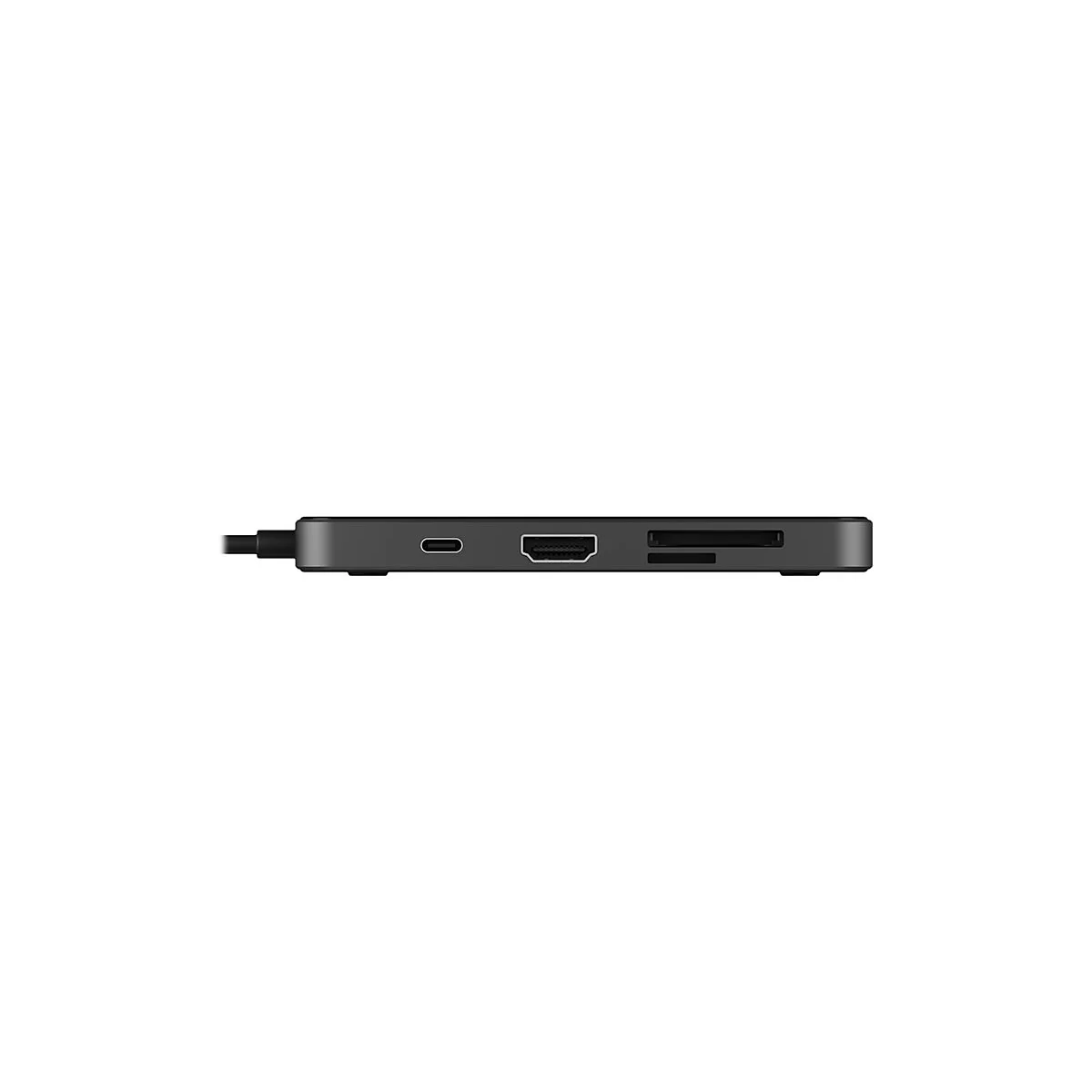 Graues USB-C-Dock mit AnschlÃ¼ssen, HDMI, USB-C und SD-Kartenleser.