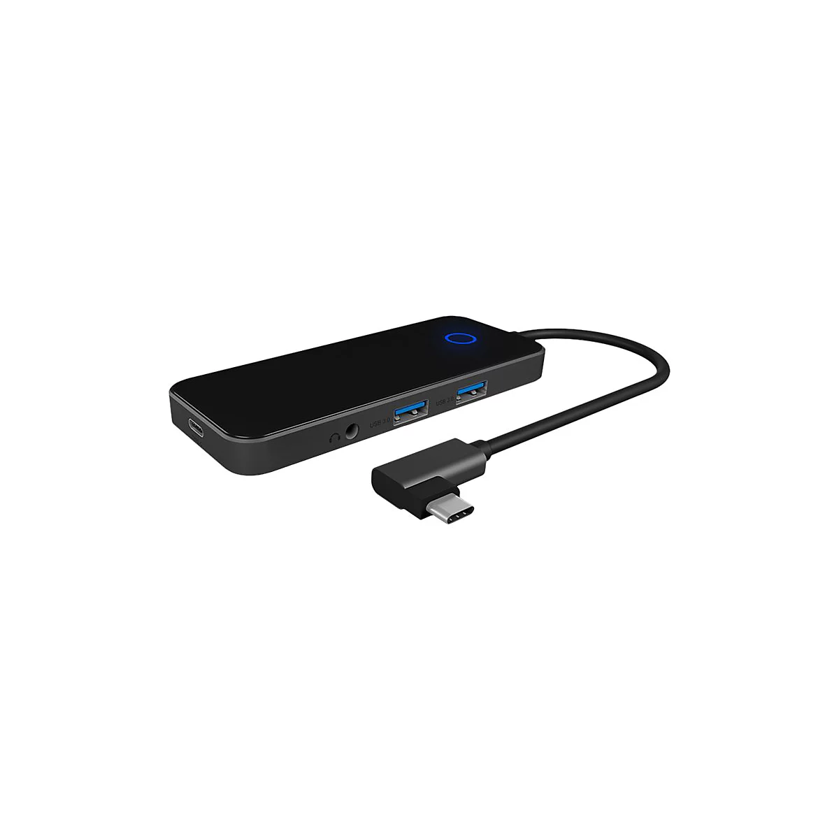 Schwarzer USB-C Hub. Auf der Oberseite befindet sich eine blaue LED. Ein USB-C Stecker ist mit einem Kabel verbunden.