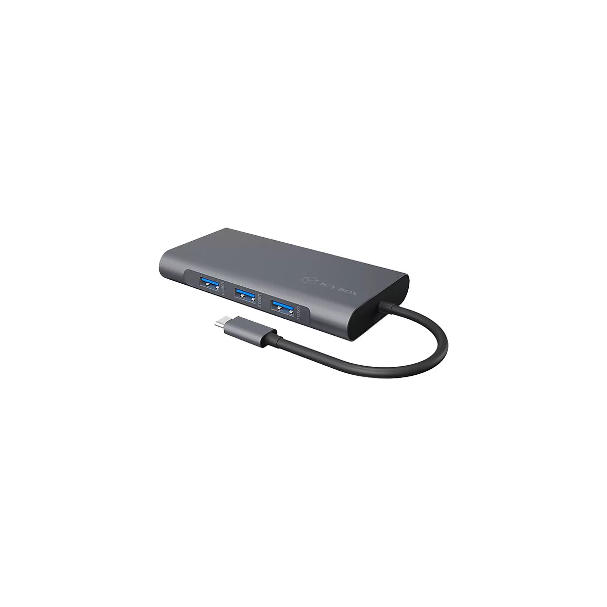 Grauer USB-C-Hub mit drei USB-A-AnschlÃ¼ssen und einem schwarzen Kabel vor weiÃŸem Hintergrund.