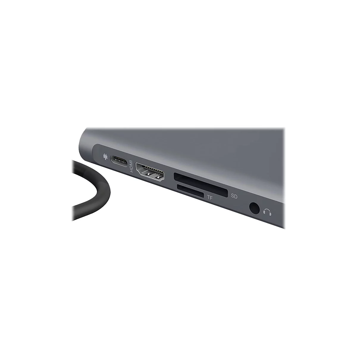 Graues elektronisches GerÃ¤t mit AnschlÃ¼ssen: HDMI, USB-C, SD-Karte, TF-Karte und Audioanschluss. Ein schwarzes Kabel ist sichtbar.