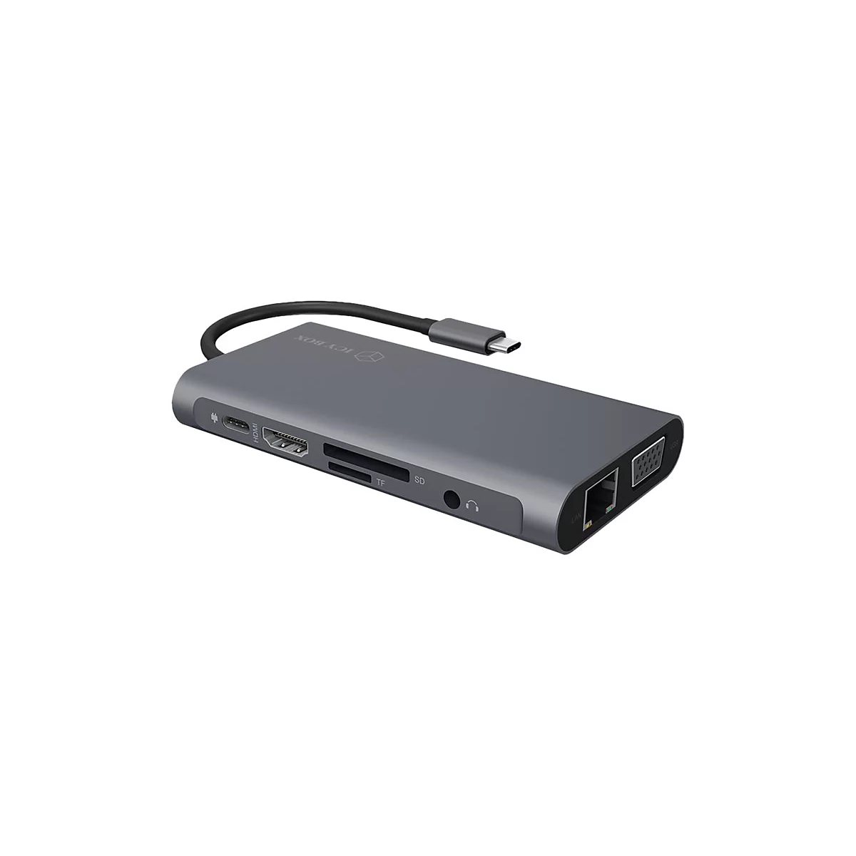 Graue USB-C-Dockingstation mit verschiedenen AnschlÃ¼ssen, darunter HDMI, USB, SD-Kartenleser und Ethernet, mit Kabel.