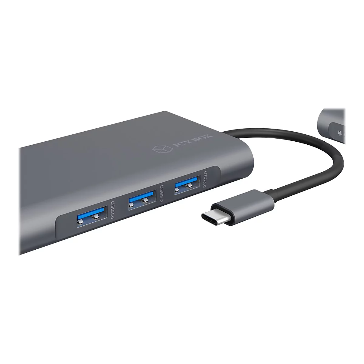 Grauer USB-C-Hub mit drei blauen USB-AnschlÃ¼ssen und schwarzem Kabel.