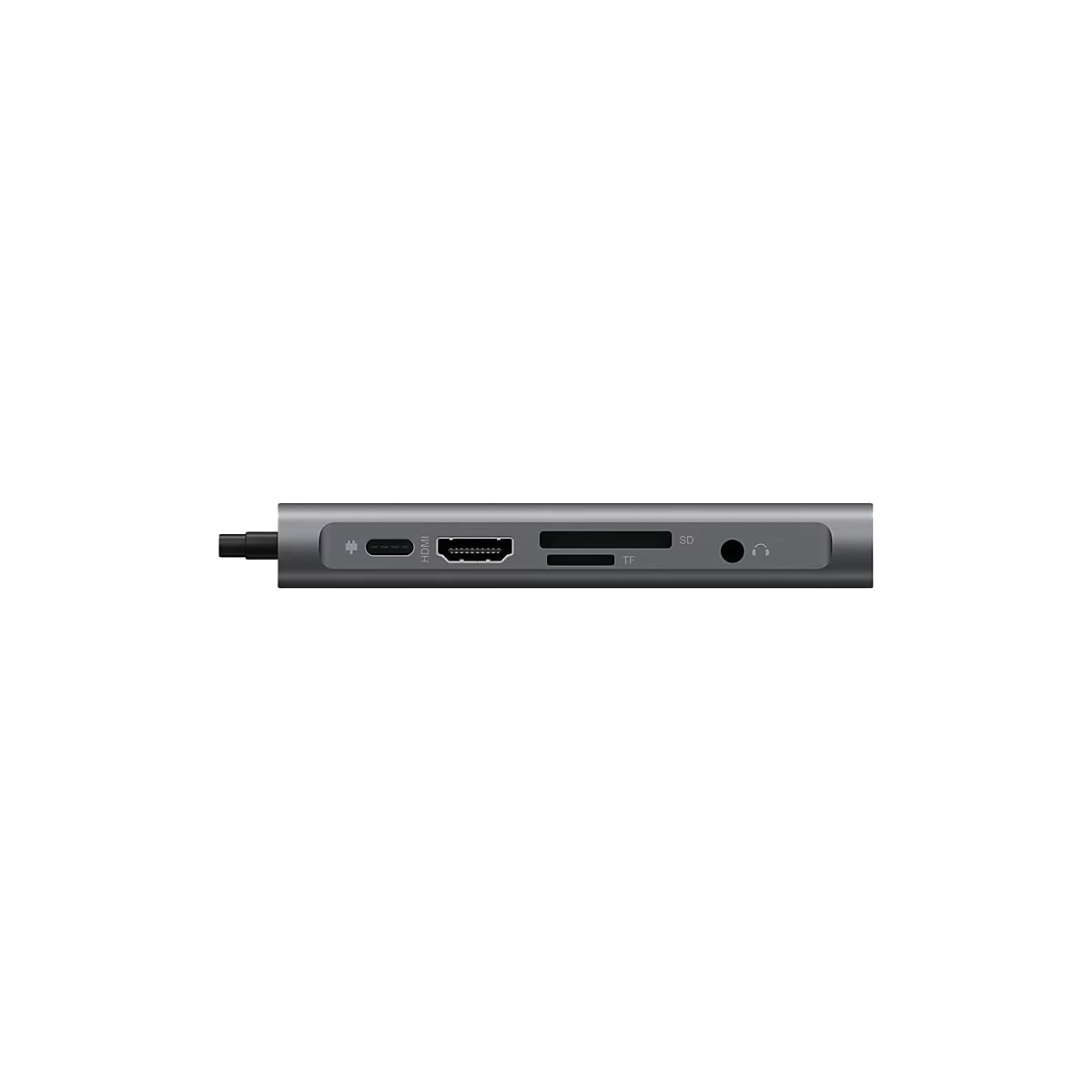 Graues elektronisches GerÃ¤t mit verschiedenen AnschlÃ¼ssen, darunter USB-C, HDMI und SD-Karten-Slot.