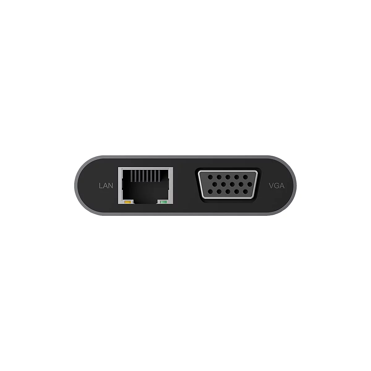 Naheinstellung eines schwarzen Adapters mit VGA- und LAN-Anschluss. Beschriftungen: LAN, VGA.