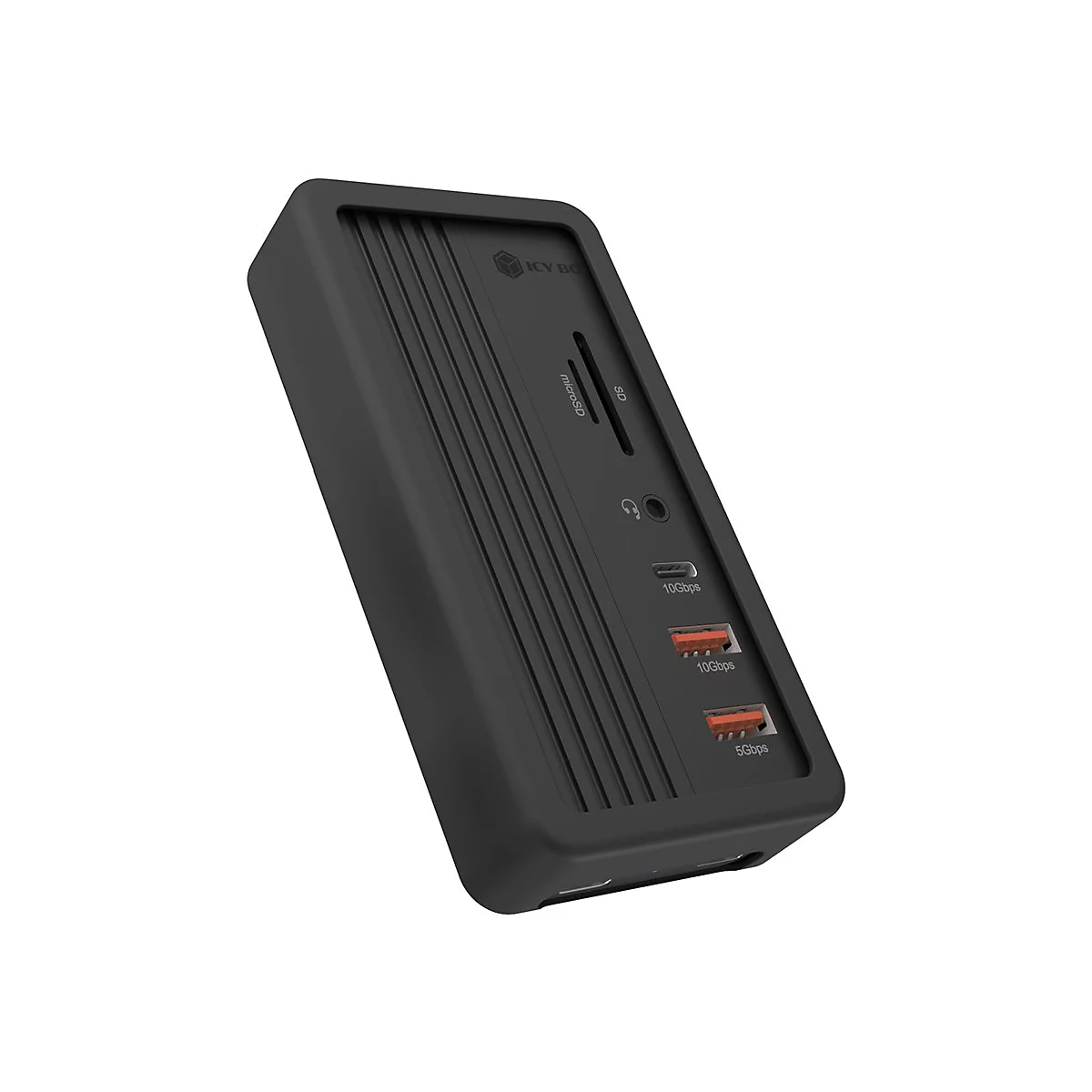 Schwarze Dockingstation mit SD-Kartenleser, USB-C und USB-A Anschlüssen.