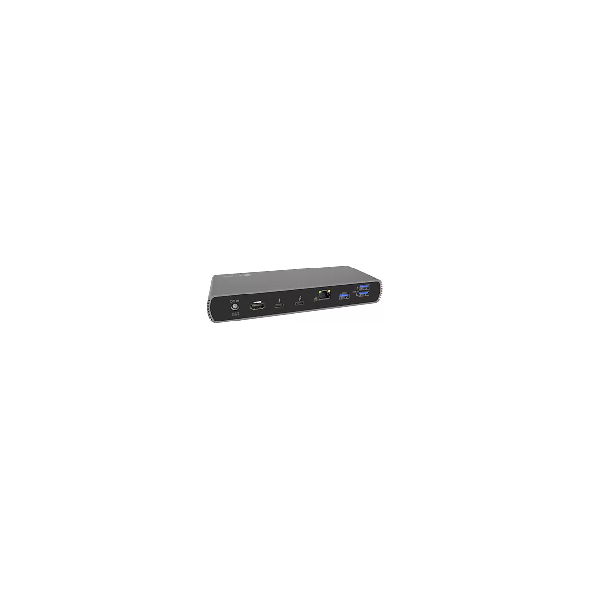 Graue Dockingstation mit zahlreichen AnschlÃ¼ssen wie USB und HDMI. Die Vorderseite ist dunkelgrau mit weiÃŸen Symbolen.