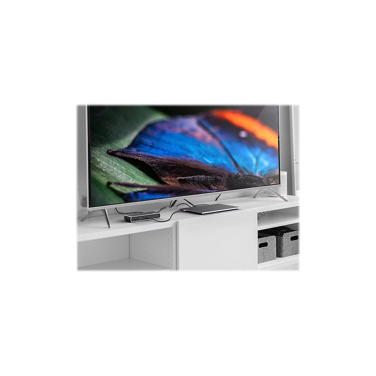 Ein Fernseher mit bunten Schmetterlingsbildern wird von einem GerÃ¤t angesteuert. Die GerÃ¤te sind auf einem weiÃŸen Sideboard platziert.